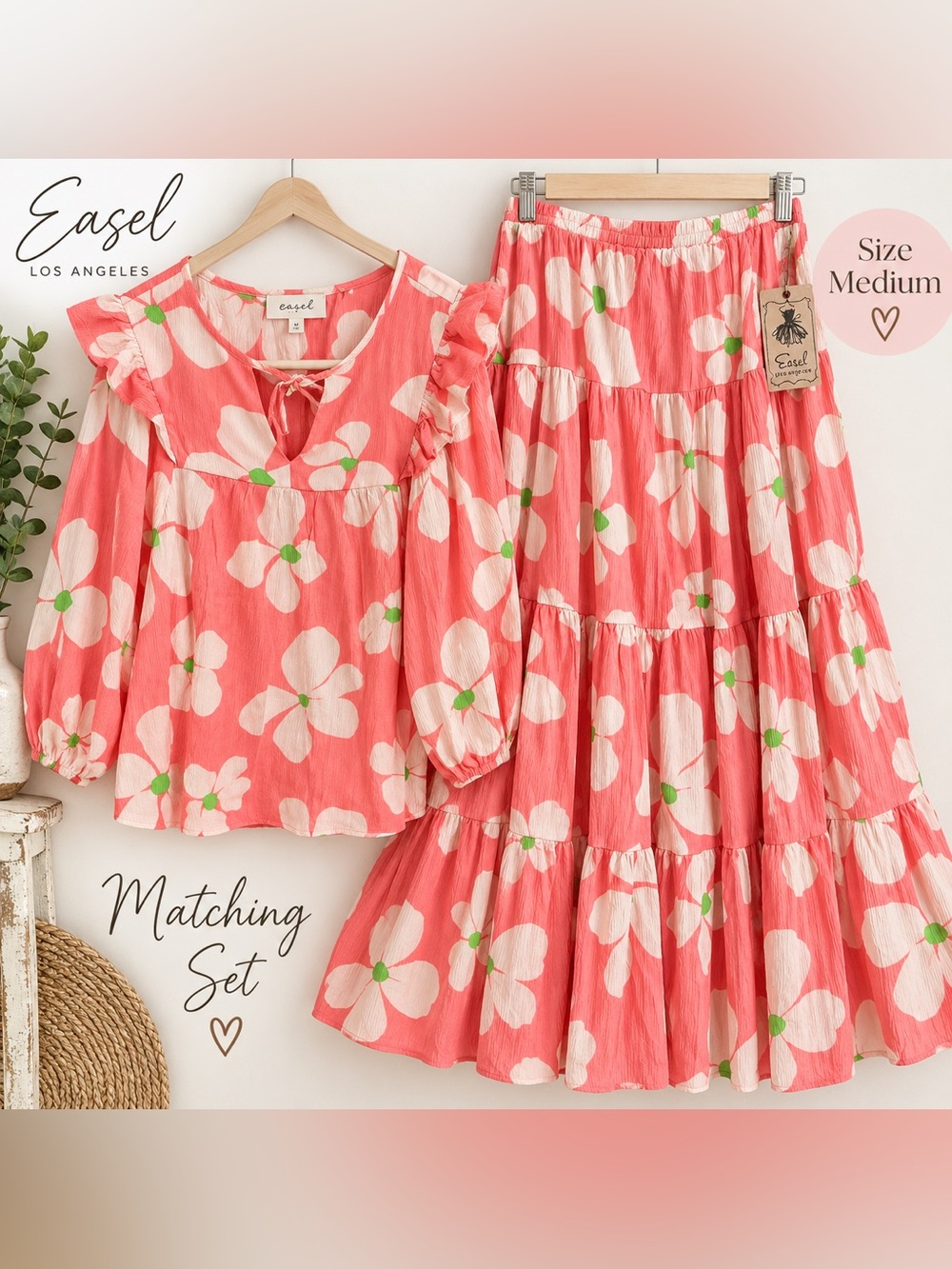 NWT Easel Coral Pink Floral Boho Top & Skirt Set Medium